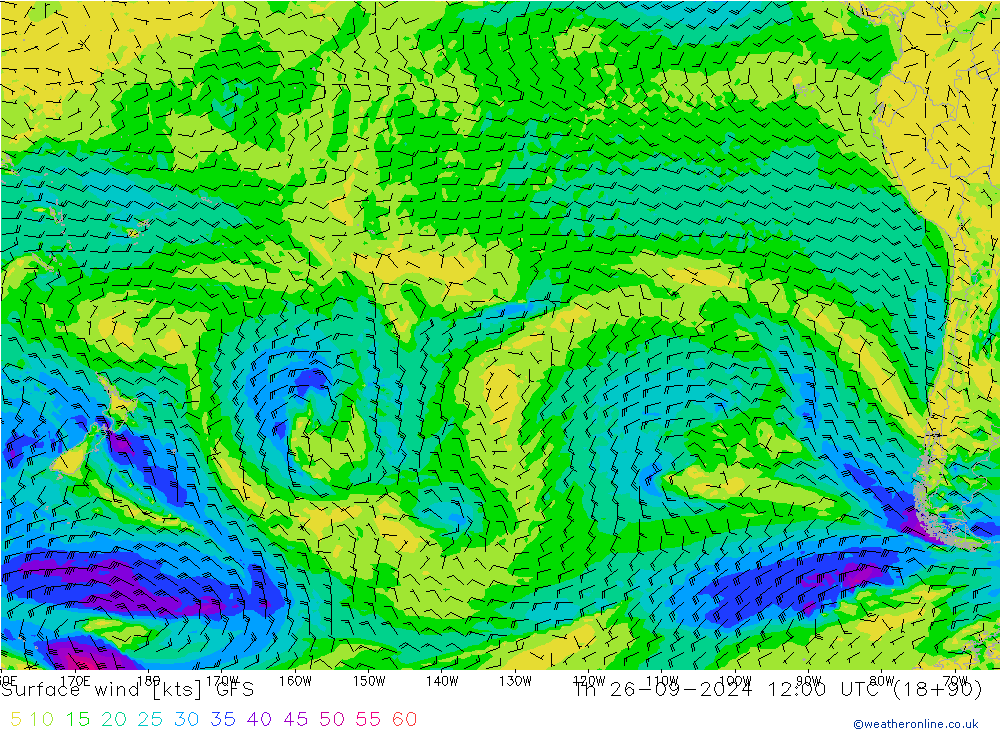 Surface wind GFS Čt 26.09.2024 12 UTC