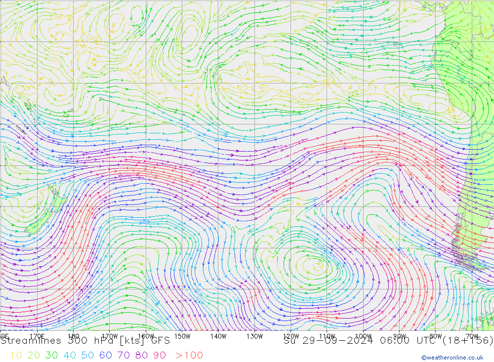 Linea di flusso 300 hPa GFS dom 29.09.2024 06 UTC