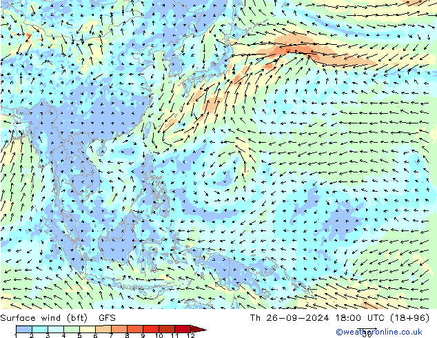 Vent 10 m (bft) GFS jeu 26.09.2024 18 UTC