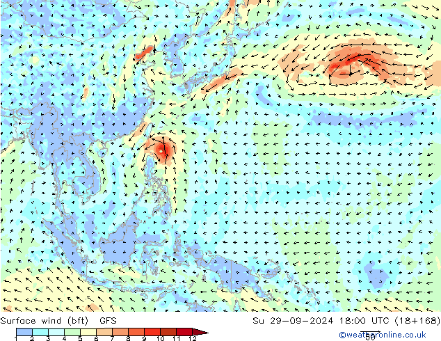 Vento 10 m (bft) GFS dom 29.09.2024 18 UTC