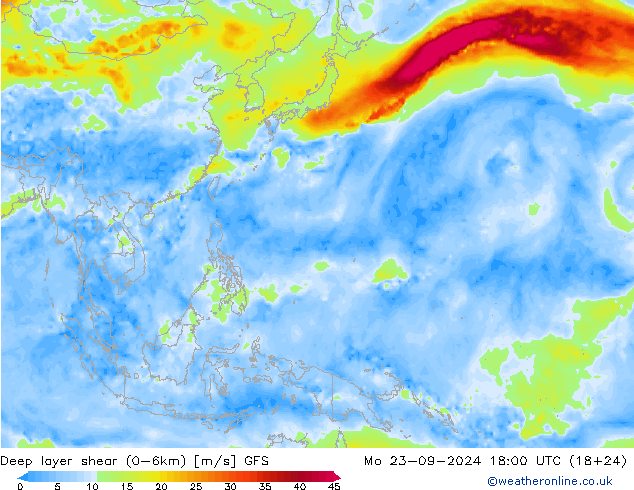 Deep layer shear (0-6km) GFS pon. 23.09.2024 18 UTC