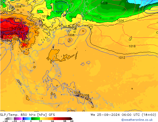 SLP/Temp. 850 гПа GFS ср 25.09.2024 06 UTC