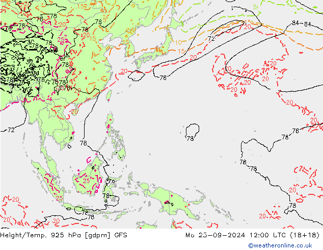 Hoogte/Temp. 925 hPa GFS ma 23.09.2024 12 UTC