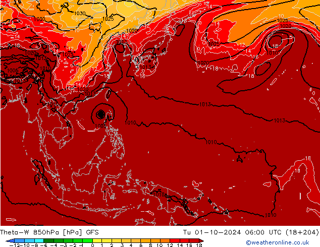 Theta-W 850hPa GFS wto. 01.10.2024 06 UTC