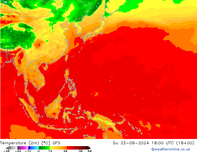 Temperatuurkaart (2m) GFS zo 22.09.2024 18 UTC