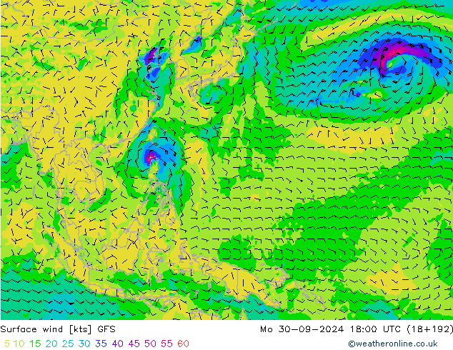 wiatr 10 m GFS pon. 30.09.2024 18 UTC