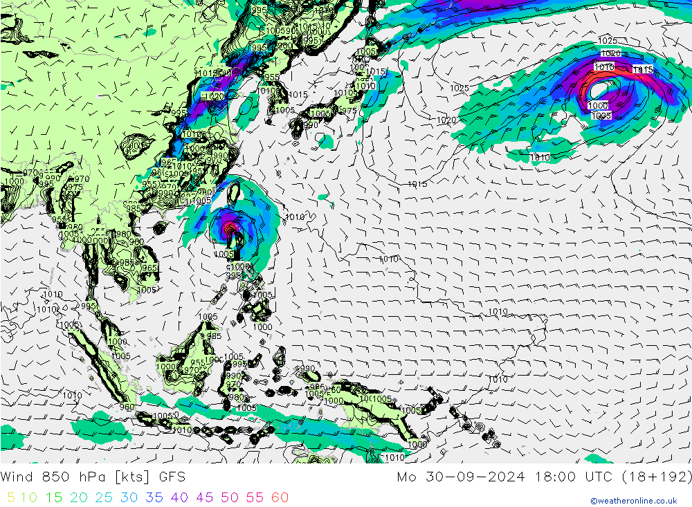 Wind 850 hPa GFS Mo 30.09.2024 18 UTC