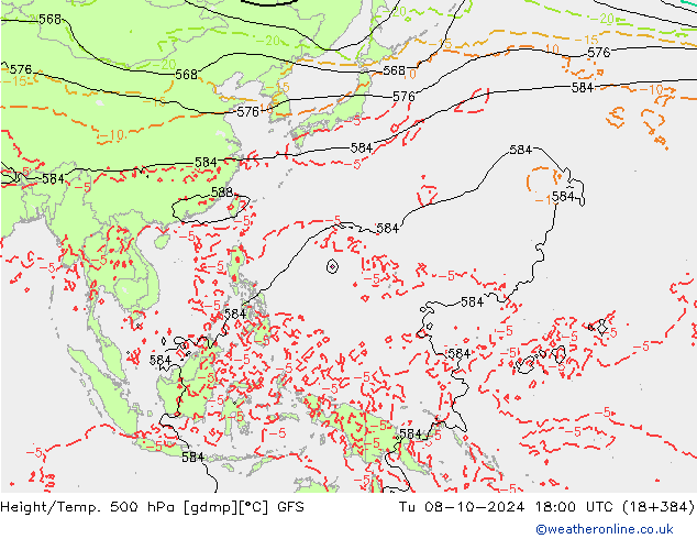 Z500/Rain (+SLP)/Z850 GFS Tu 08.10.2024 18 UTC