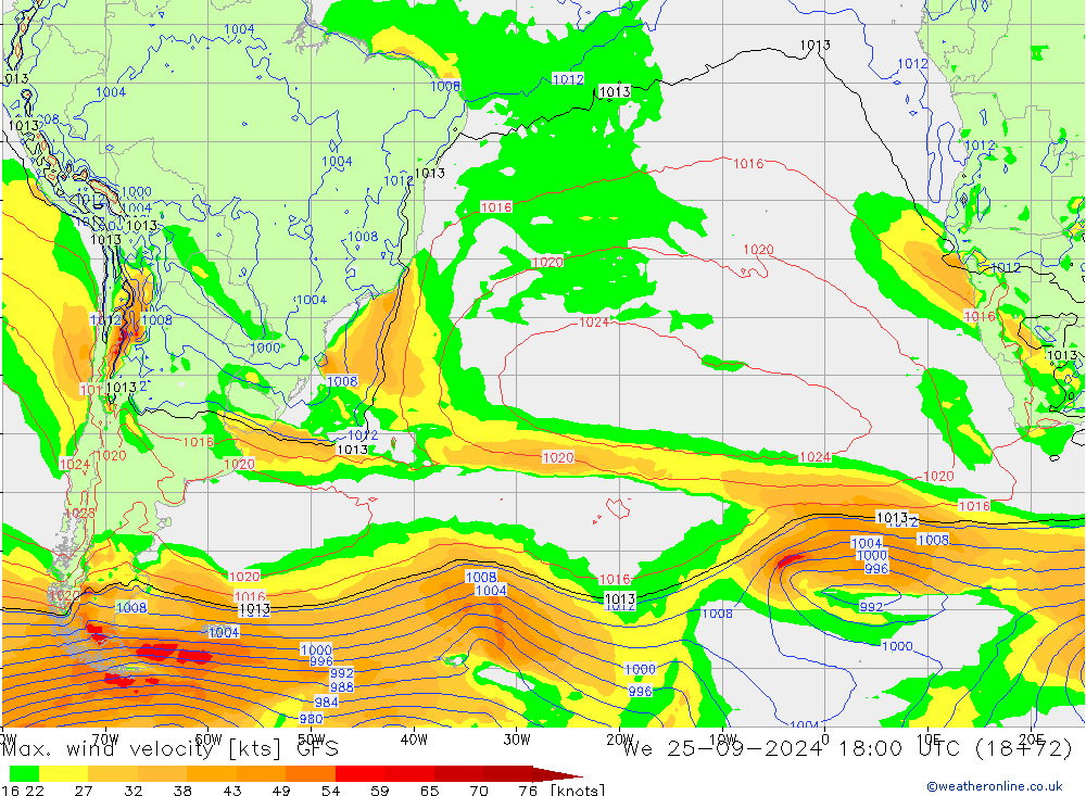 Max. wind velocity GFS We 25.09.2024 18 UTC