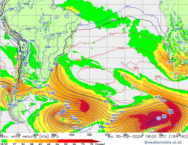 Max. wind velocity GFS lun 30.09.2024 18 UTC