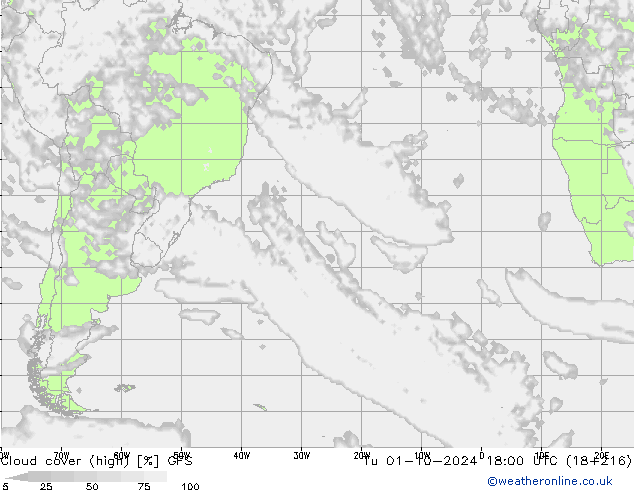 zachmurzenie (wysokie) GFS wto. 01.10.2024 18 UTC