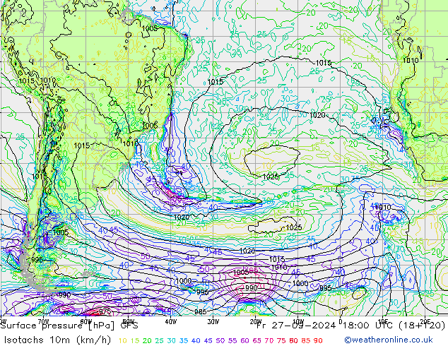 Isotachs (kph) GFS ven 27.09.2024 18 UTC