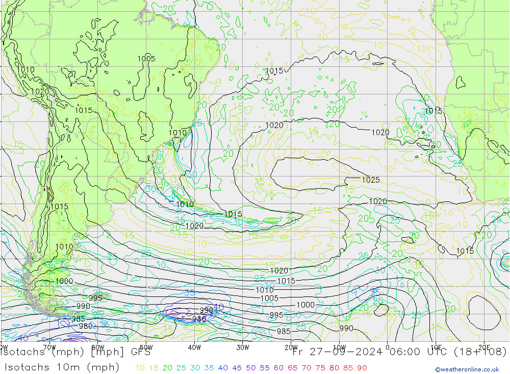 Isotachen (mph) GFS vr 27.09.2024 06 UTC