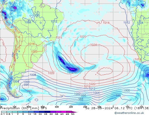 Precipitation (6h) GFS So 28.09.2024 12 UTC