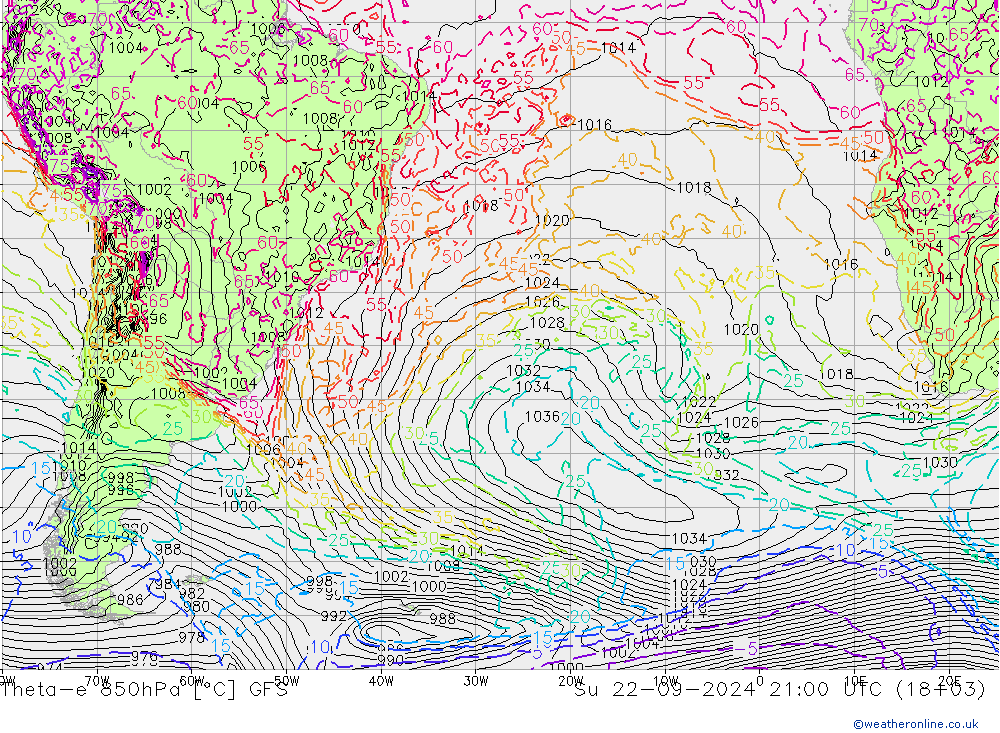 Theta-e 850hPa GFS zo 22.09.2024 21 UTC