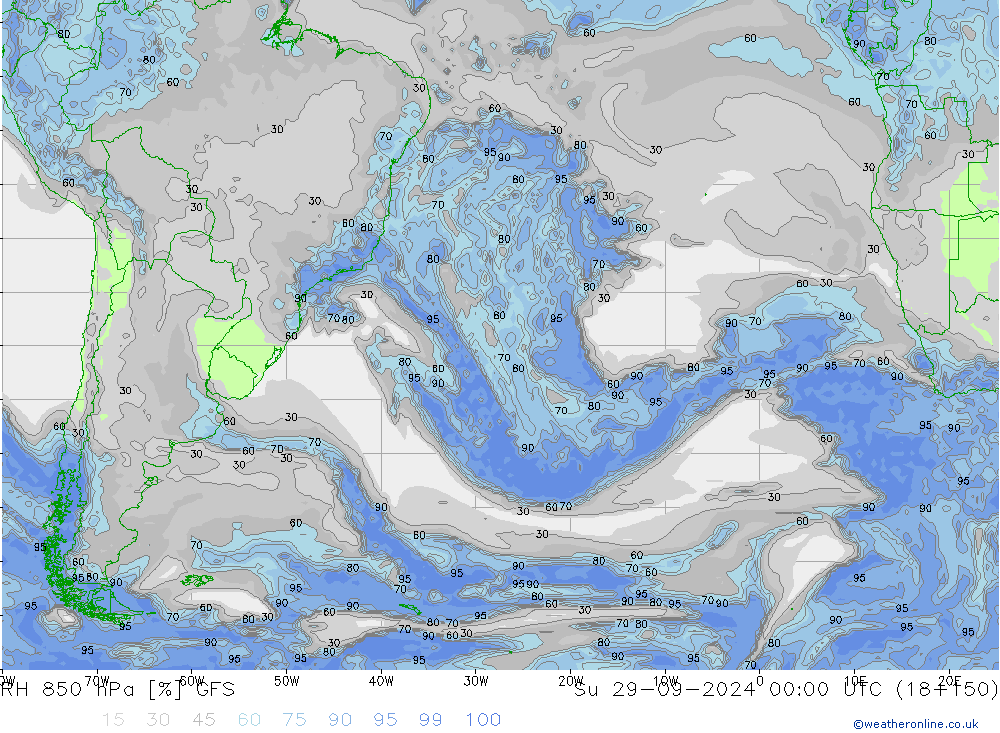 RH 850 hPa GFS Su 29.09.2024 00 UTC