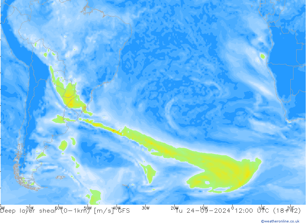 Deep layer shear (0-1km) GFS wto. 24.09.2024 12 UTC