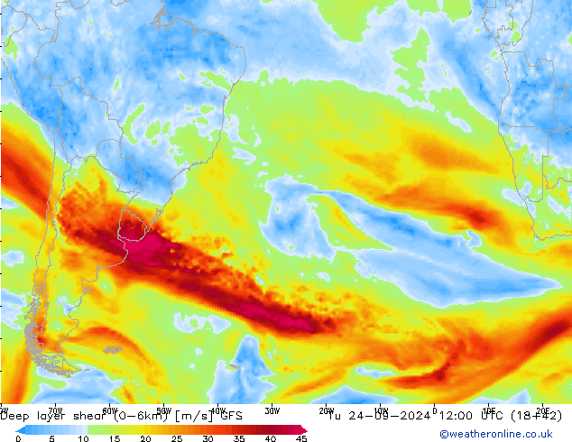 Deep layer shear (0-6km) GFS Tu 24.09.2024 12 UTC