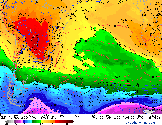 SLP/Temp. 850 hPa GFS Mi 25.09.2024 06 UTC