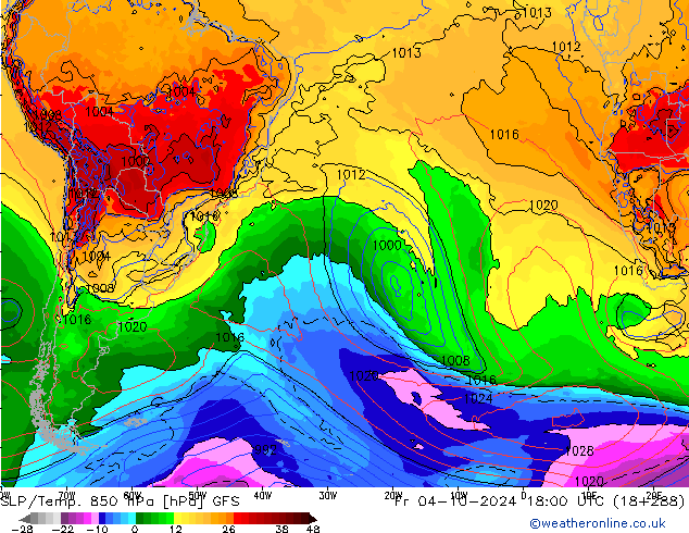 SLP/Temp. 850 hPa GFS ven 04.10.2024 18 UTC