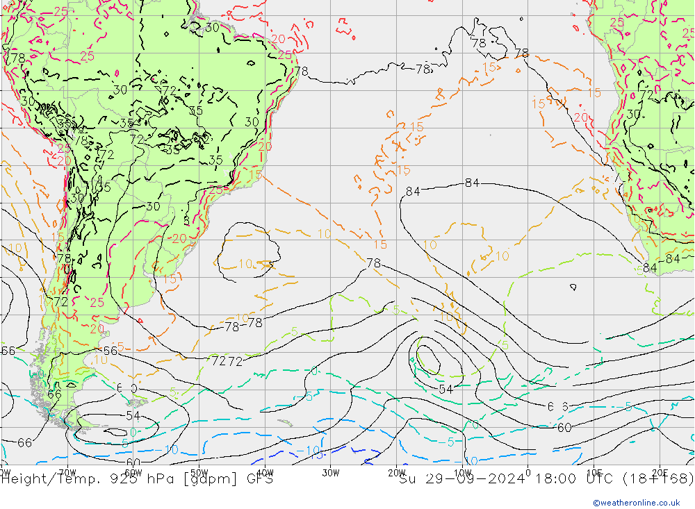 Géop./Temp. 925 hPa GFS dim 29.09.2024 18 UTC