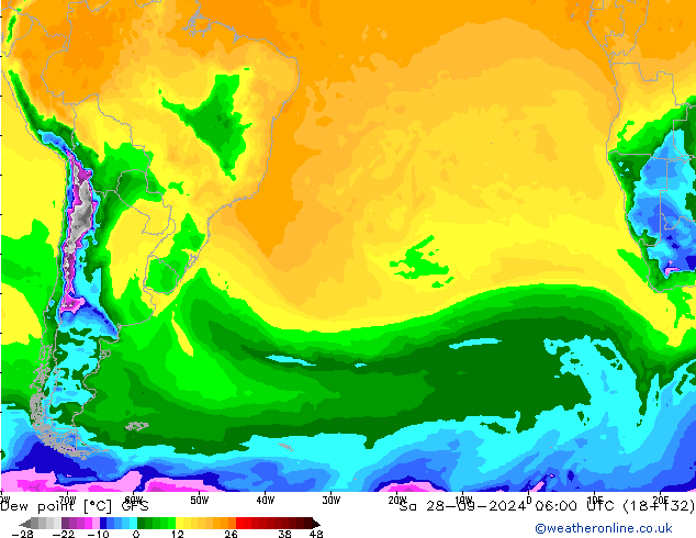 точка росы GFS сб 28.09.2024 06 UTC