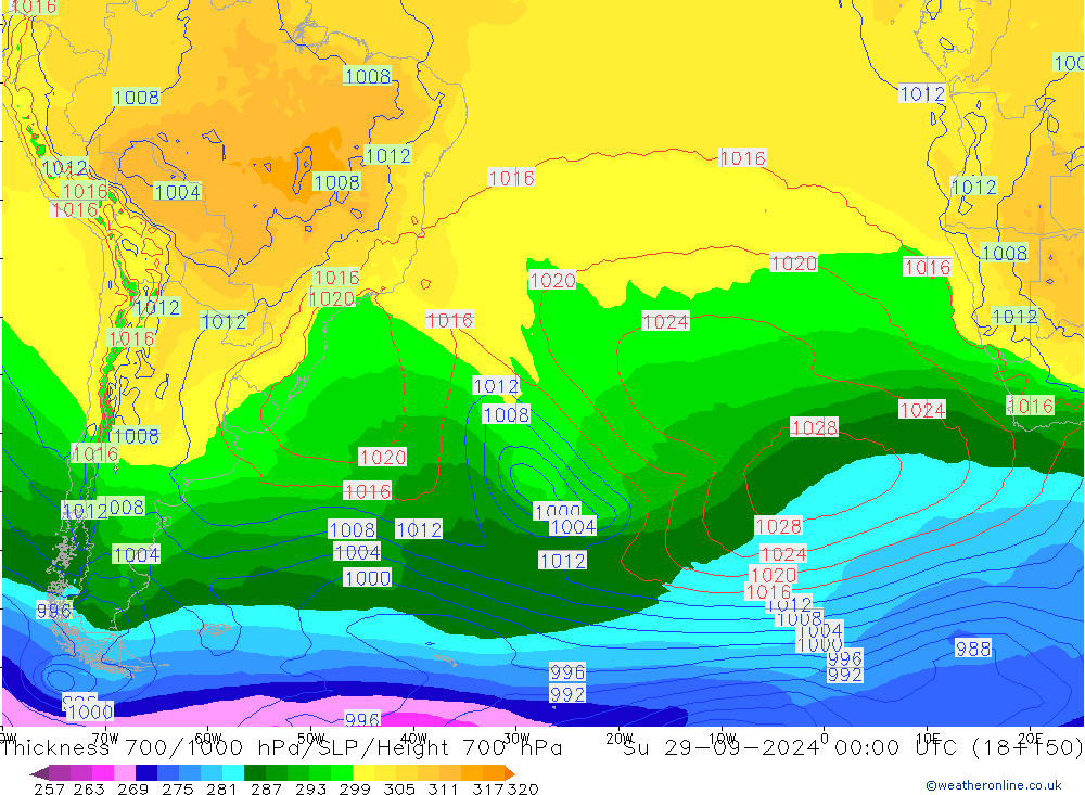 Thck 700-1000 hPa GFS Su 29.09.2024 00 UTC