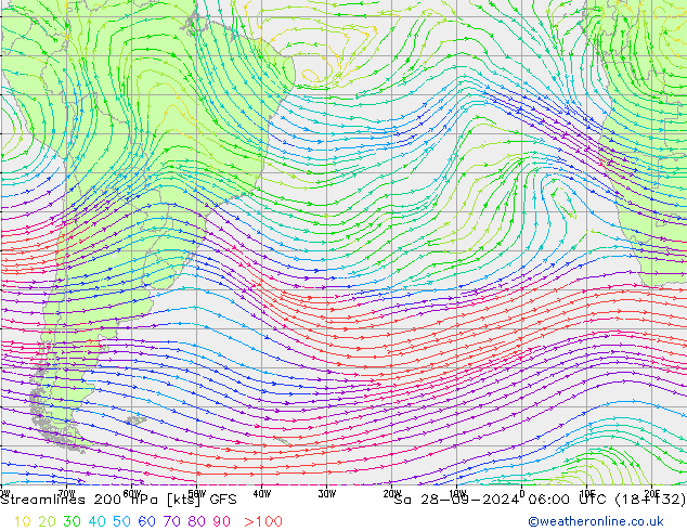 ветер 200 гПа GFS сб 28.09.2024 06 UTC