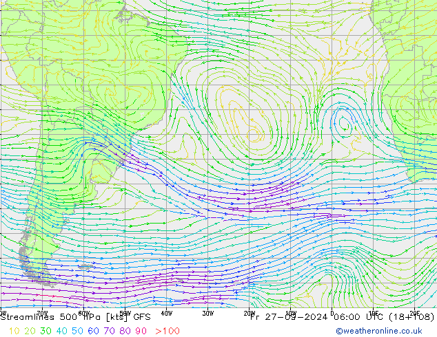 Streamlines 500 hPa GFS Fr 27.09.2024 06 UTC