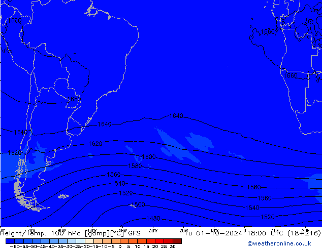 Height/Temp. 100 hPa GFS wto. 01.10.2024 18 UTC