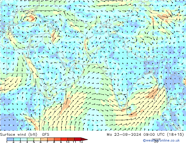 Surface wind (bft) GFS Mo 23.09.2024 09 UTC