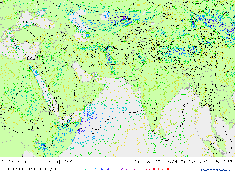 Isotachs (kph) GFS Sa 28.09.2024 06 UTC