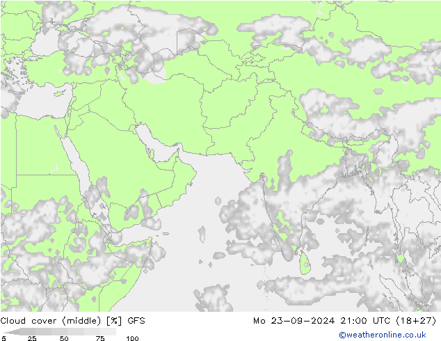 Cloud cover (middle) GFS Mo 23.09.2024 21 UTC