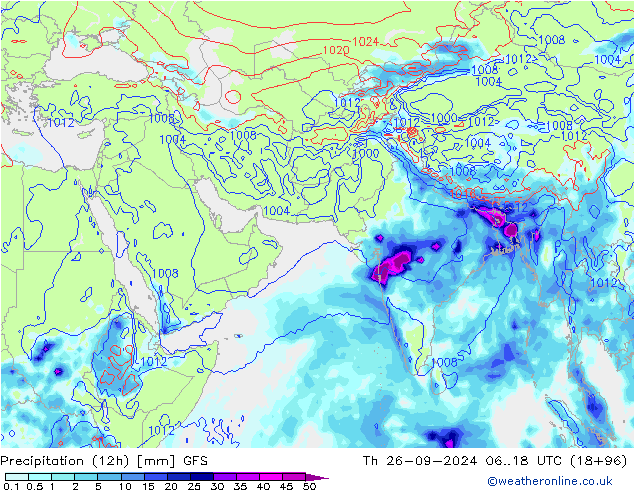 Totale neerslag (12h) GFS do 26.09.2024 18 UTC