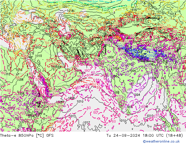 Theta-e 850hPa GFS Út 24.09.2024 18 UTC