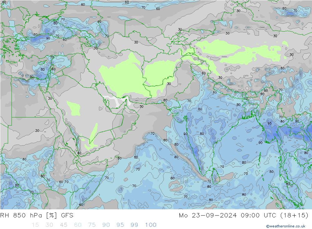 Humedad rel. 850hPa GFS lun 23.09.2024 09 UTC