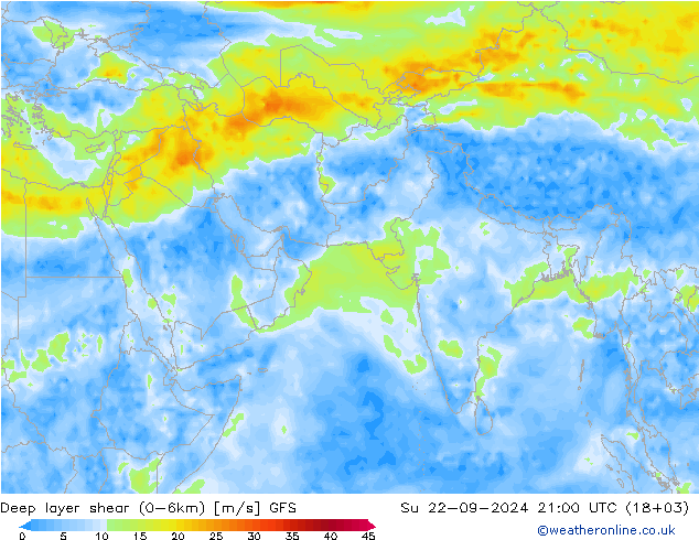 Deep layer shear (0-6km) GFS Su 22.09.2024 21 UTC