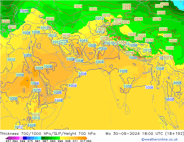 Schichtdicke 700-1000 hPa GFS Mo 30.09.2024 18 UTC