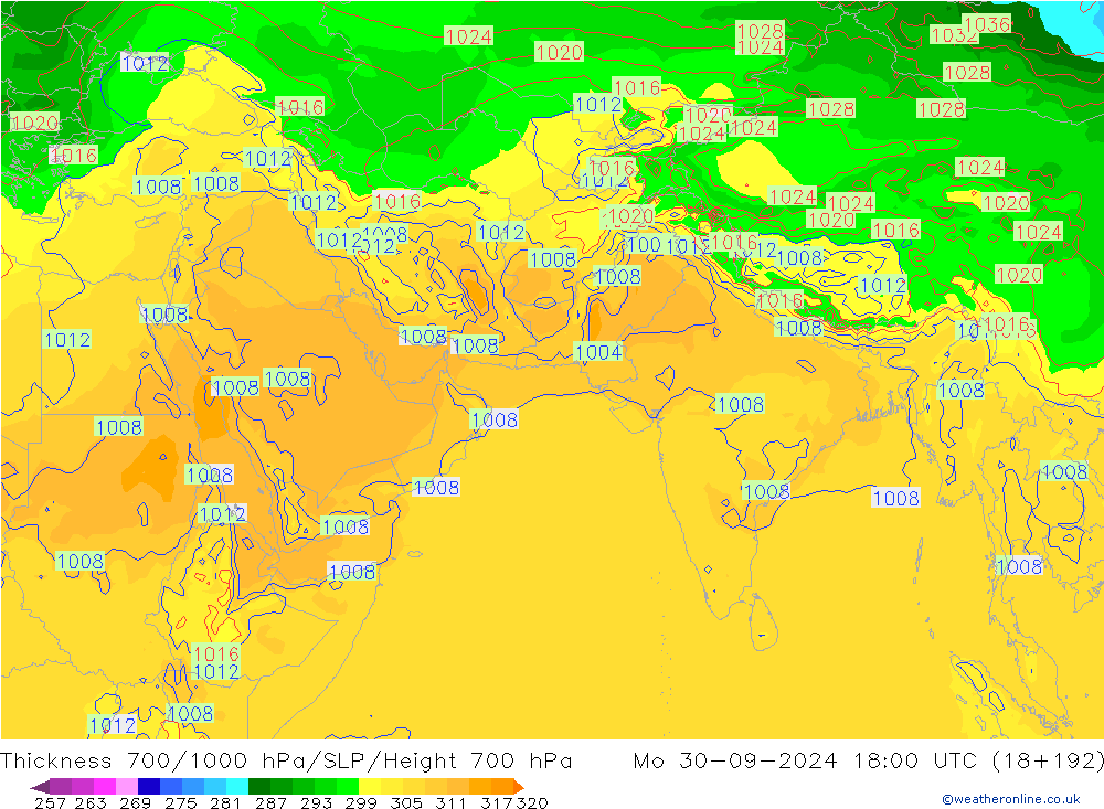 700-1000 hPa Kalınlığı GFS Pzt 30.09.2024 18 UTC