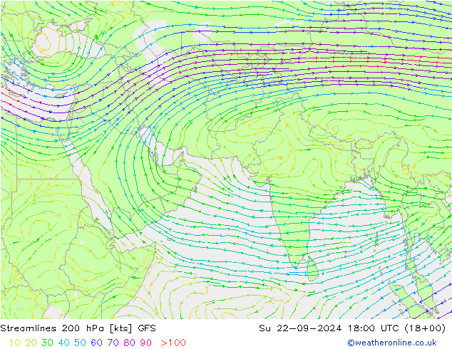 Linea di flusso 200 hPa GFS dom 22.09.2024 18 UTC