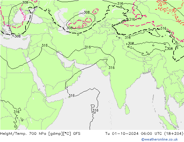 Height/Temp. 700 hPa GFS wto. 01.10.2024 06 UTC