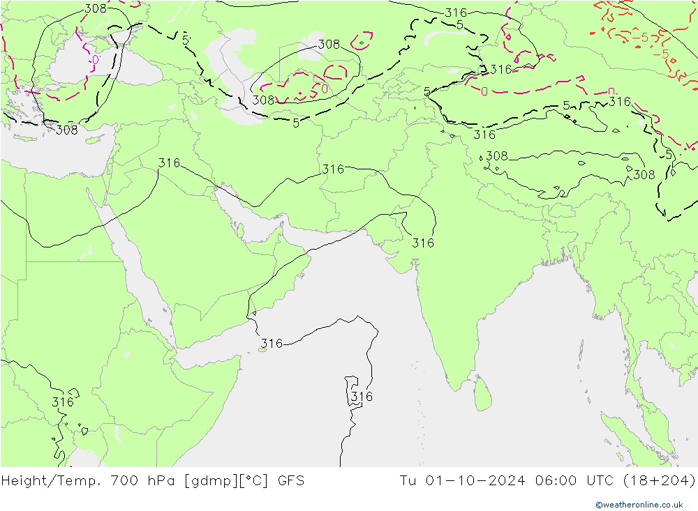 Height/Temp. 700 hPa GFS wto. 01.10.2024 06 UTC