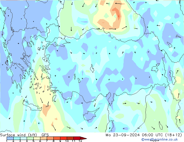 Vento 10 m (bft) GFS Seg 23.09.2024 06 UTC