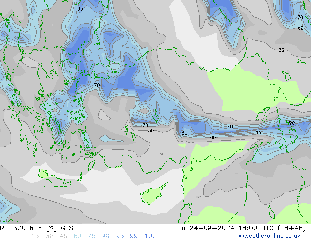 RH 300 hPa GFS Út 24.09.2024 18 UTC