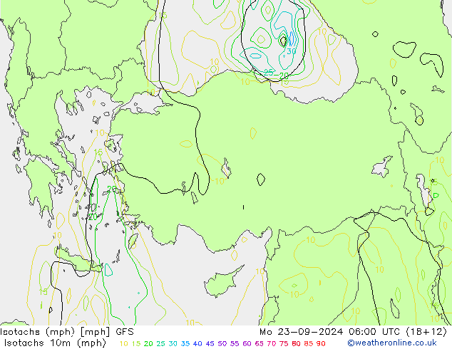 Isotachen (mph) GFS Mo 23.09.2024 06 UTC