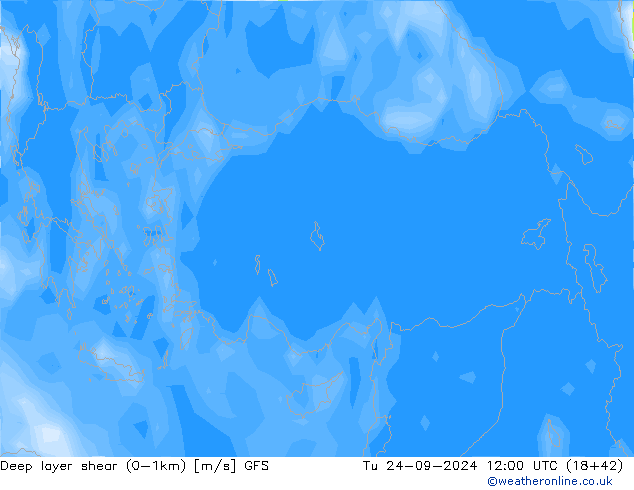 Deep layer shear (0-1km) GFS Tu 24.09.2024 12 UTC