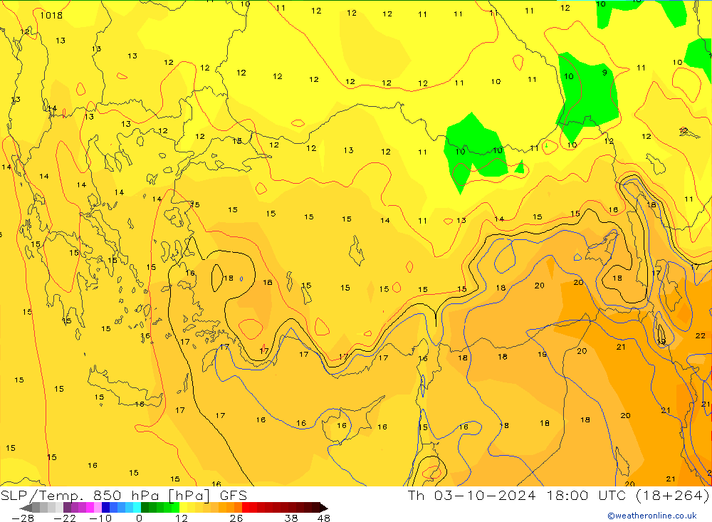 SLP/Temp. 850 hPa GFS  03.10.2024 18 UTC