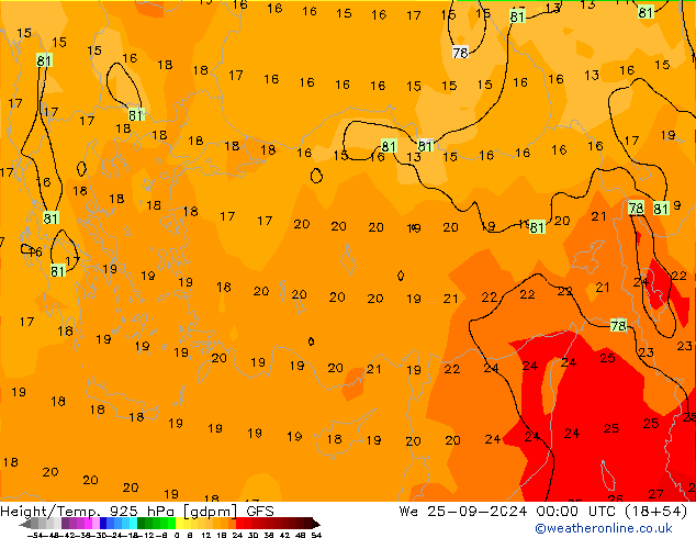 Height/Temp. 925 hPa GFS mer 25.09.2024 00 UTC