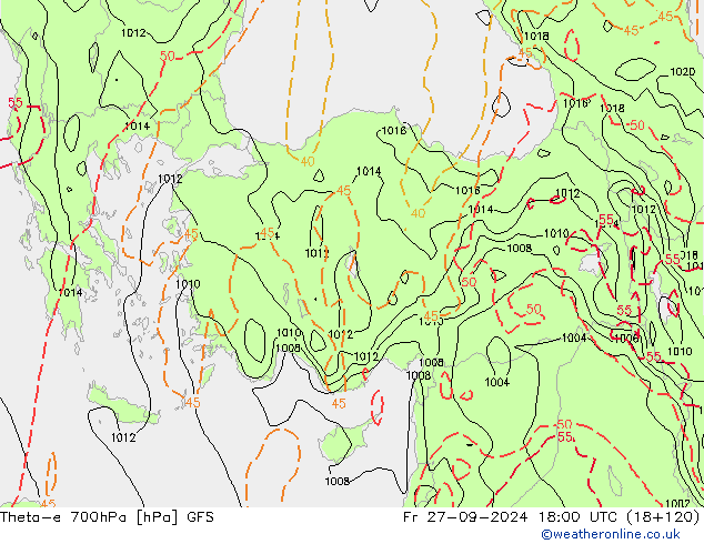 Theta-e 700hPa GFS pt. 27.09.2024 18 UTC