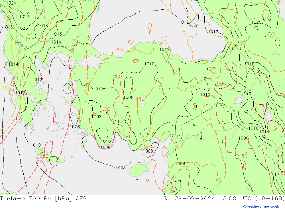 Theta-e 700hPa GFS Su 29.09.2024 18 UTC